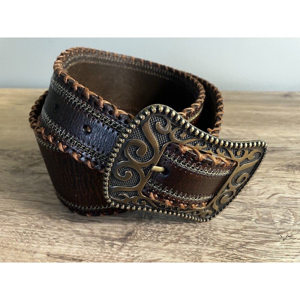 ANOTHER LINE BROWN GENUINE LEATHER WOMEN'S BELT SIZE L  2.3/4" WIDE 40" long
